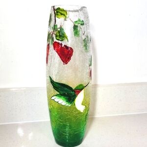 Handpainted Hummingbird  Crackle Glass Green and Red Lamp or Vase